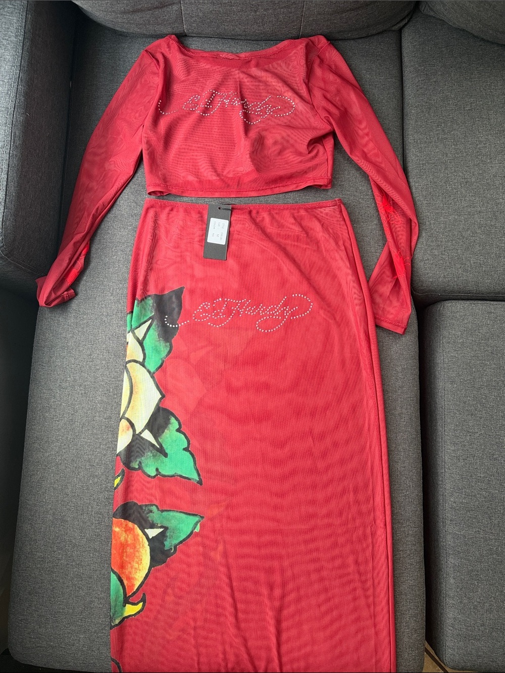 Ed Hardy Red 2 Piece Swim Cover Up Crop Top Maxi Skirt Set Y2K M NWT - Picture 4 of 13
